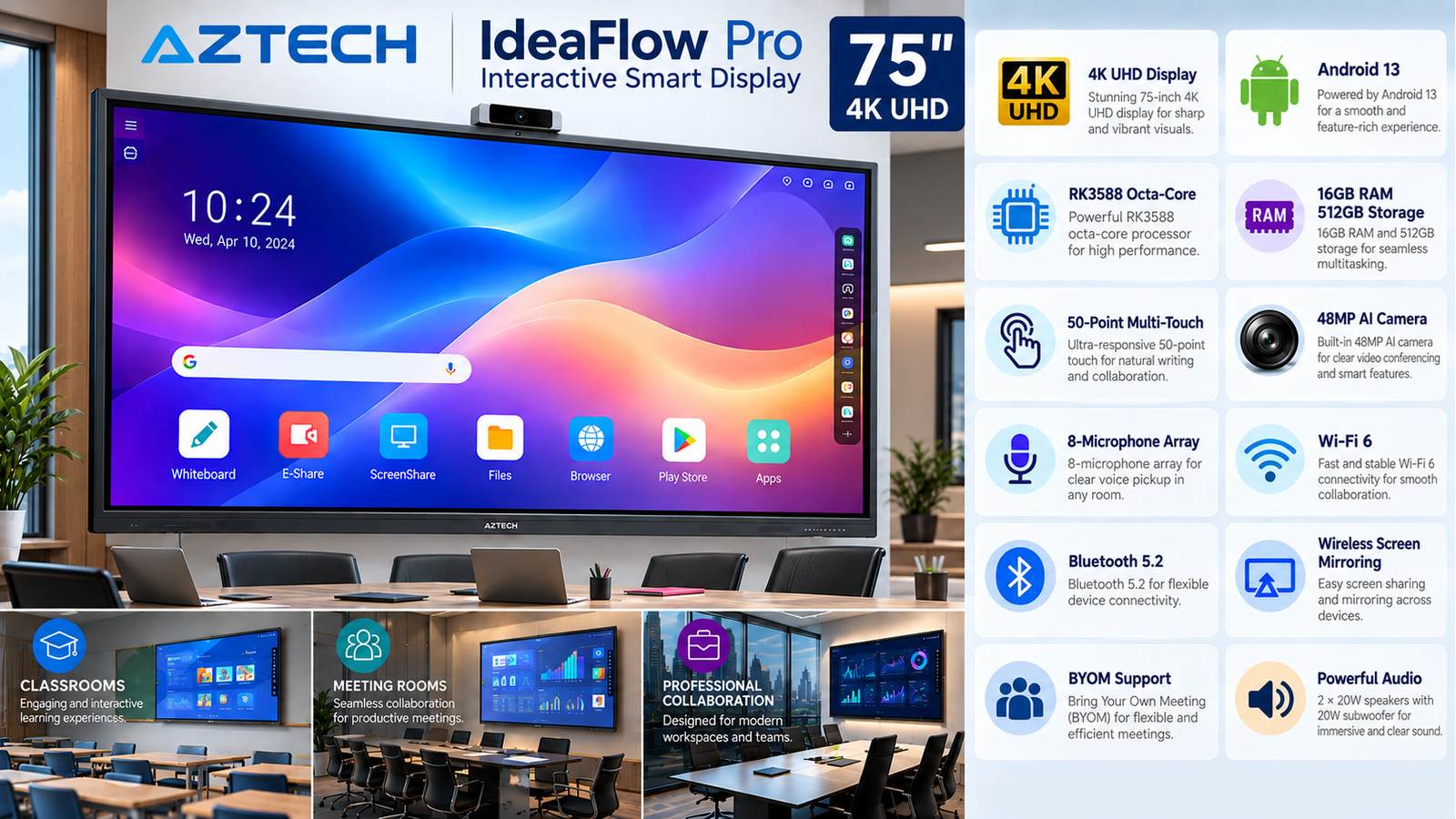 AZTECH IdeaFlow Pro AZ2575-U01 75-inch 4K UHD Interactive Smart Display, 16GB RAM, 512GB Storage, 50-Point Touch, 48MP AI Camera, 8-Mic Array, Wi-Fi 6, BYOM, Android 13, Black with Warranty